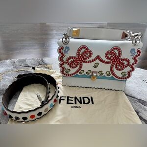 Fendi Kan I Studded Bow Embroidered Leather Medium Handbag